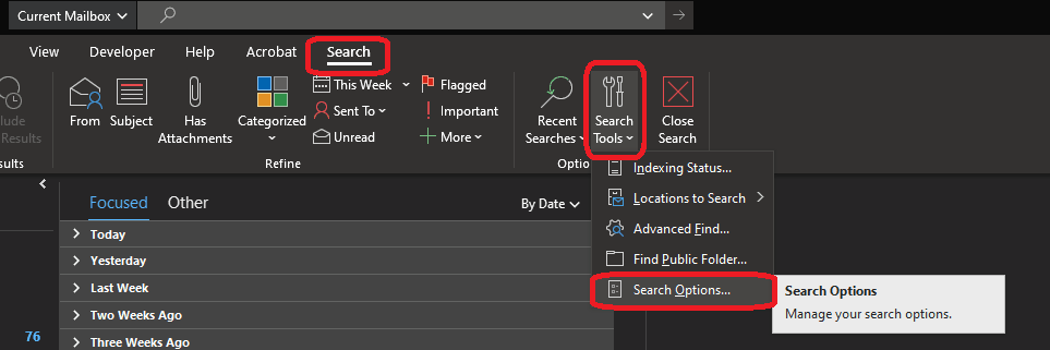 Outlook Screenshot for Search Bar Options